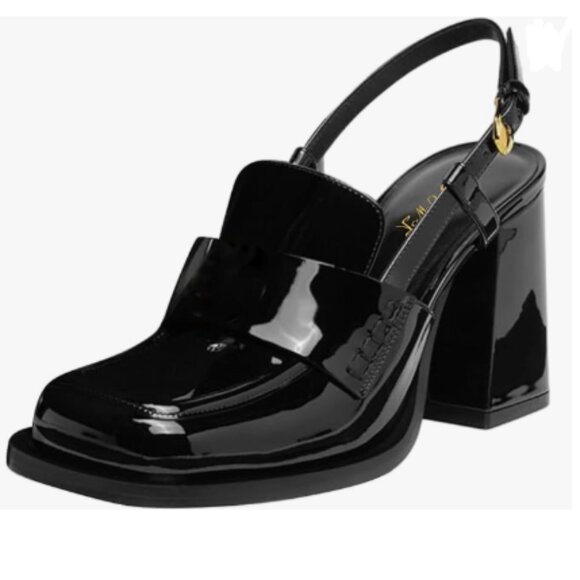 FOWT Black Platform Square Toe Loafers Chunky High Heel Slingback Slip on Pumps - Picture 1 of 8